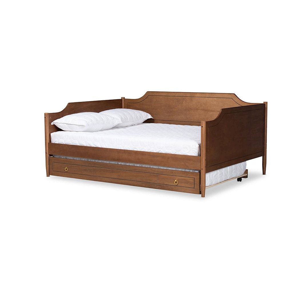 Farmhouse Walnut Brown Finished Wood Full Size Daybed with Roll-Out Trundle Bed. Picture 1