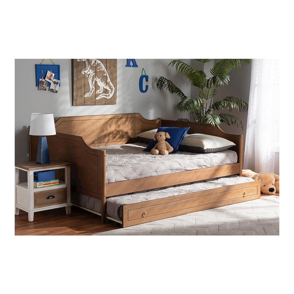 Farmhouse Walnut Brown Finished Wood Full Size Daybed with Roll-Out Trundle Bed. Picture 10