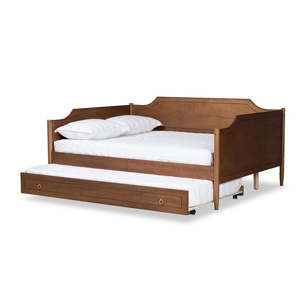Farmhouse Walnut Brown Finished Wood Full Size Daybed with Roll-Out Trundle Bed. Picture 2