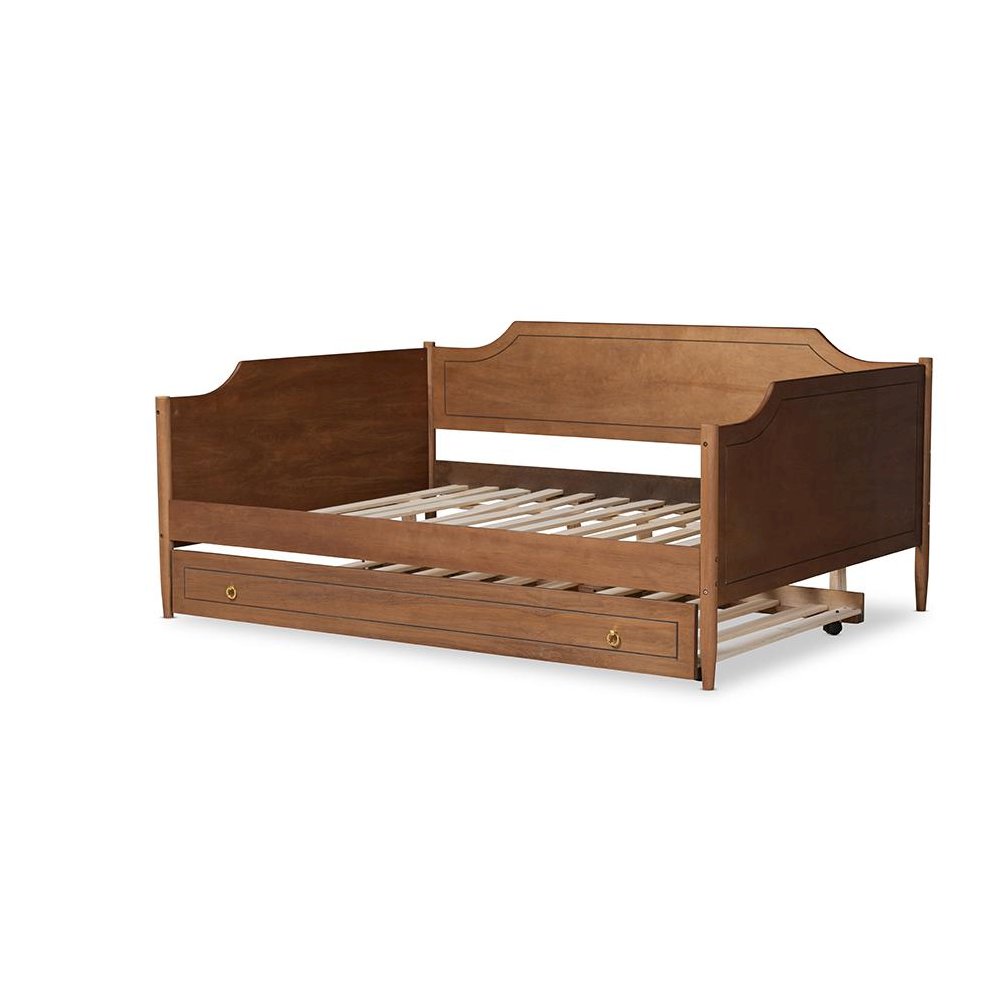 Farmhouse Walnut Brown Finished Wood Full Size Daybed with Roll-Out Trundle Bed. Picture 4