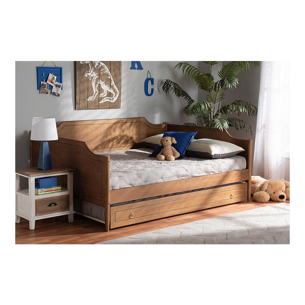 Farmhouse Walnut Brown Finished Wood Full Size Daybed with Roll-Out Trundle Bed. Picture 9