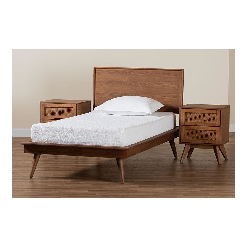 Walnut Brown Finished Wood and Rattan Twin Size 3-Piece Bedroom Set. Picture 11