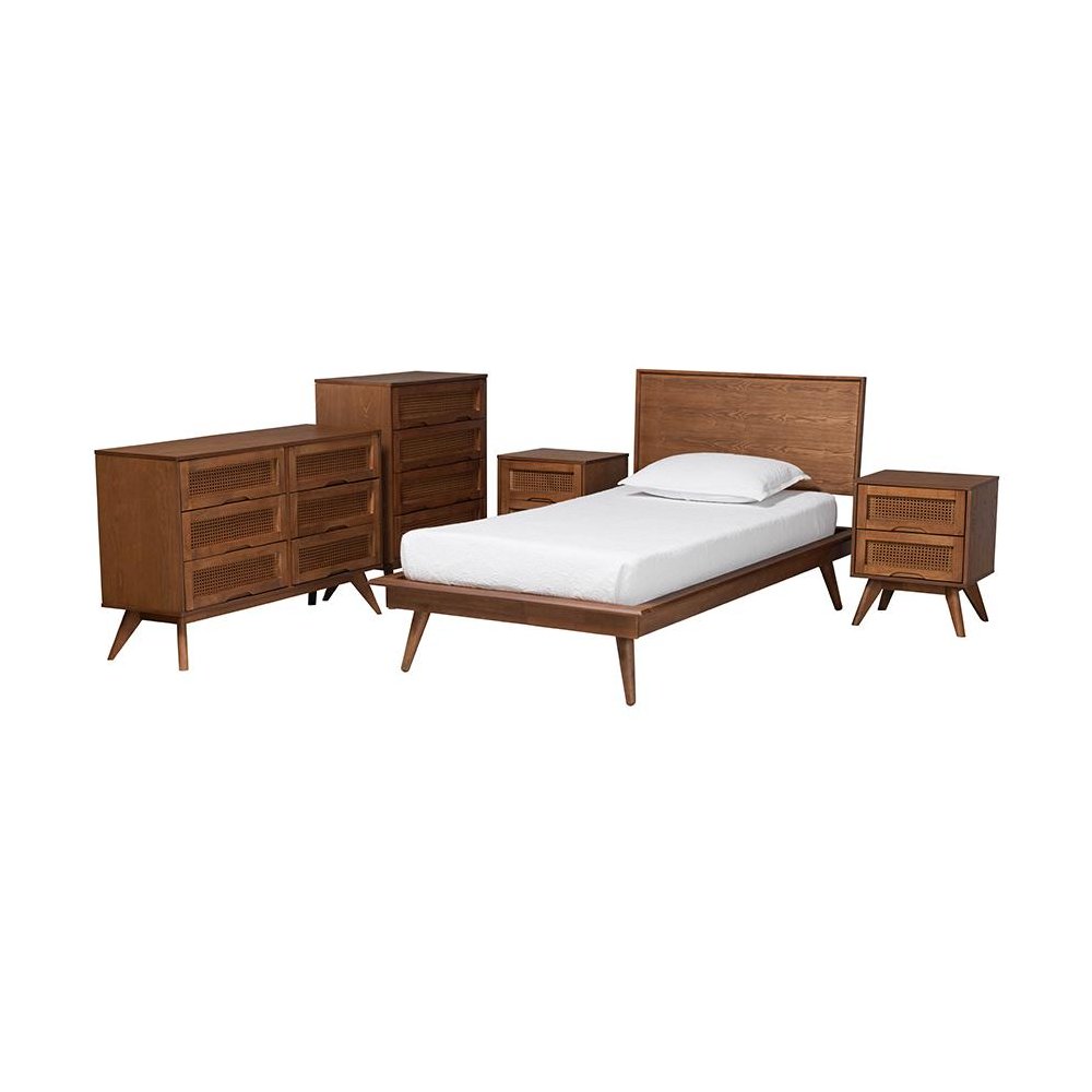 Walnut Brown Finished Wood and Rattan Twin Size 5-Piece Bedroom Set. Picture 1