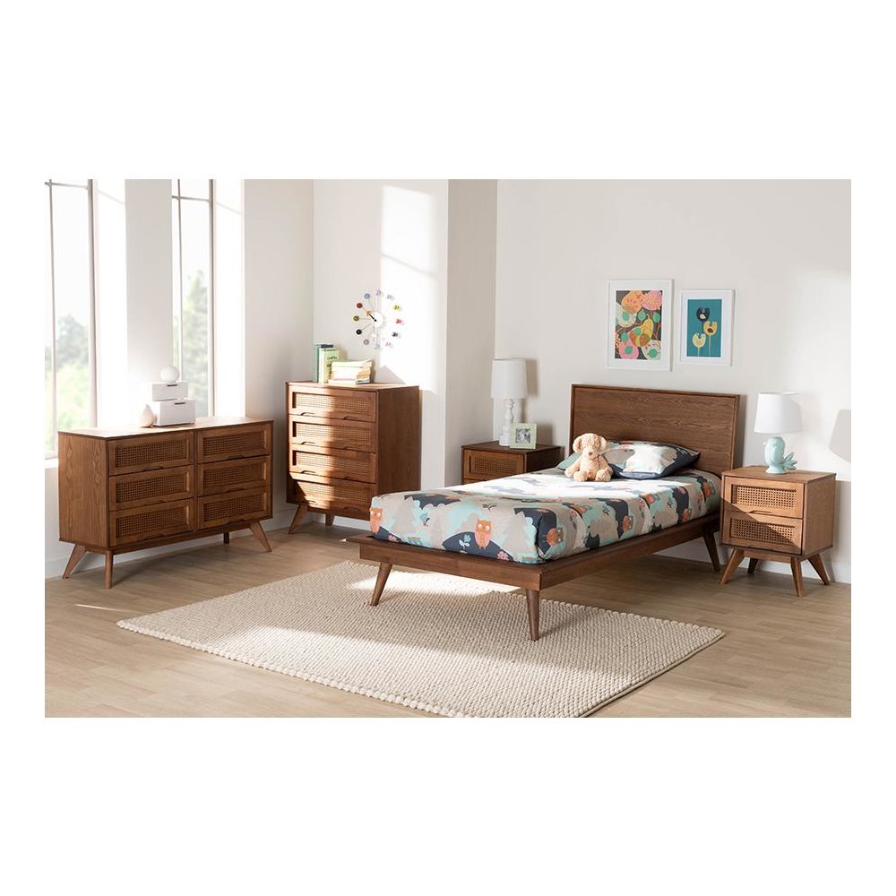 Walnut Brown Finished Wood and Rattan Twin Size 5-Piece Bedroom Set. Picture 12