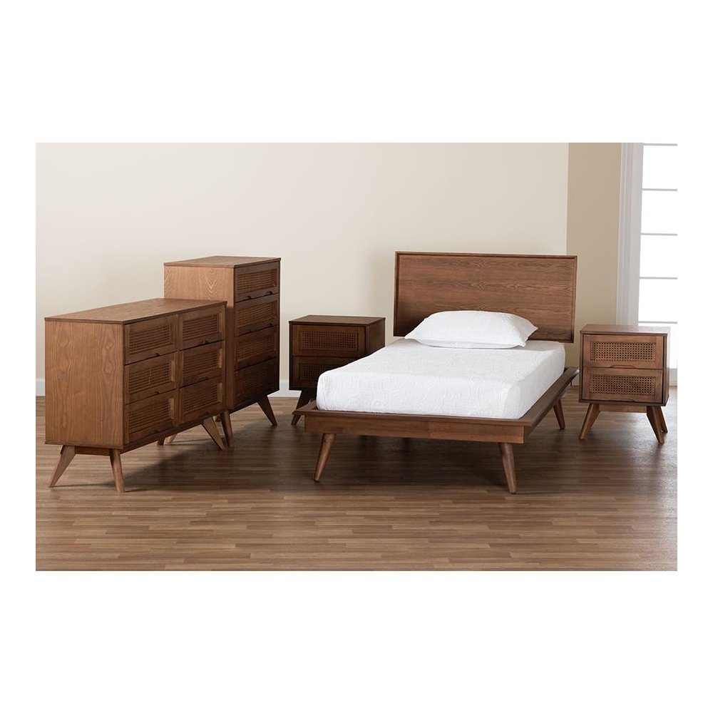 Walnut Brown Finished Wood and Rattan Twin Size 5-Piece Bedroom Set. Picture 13