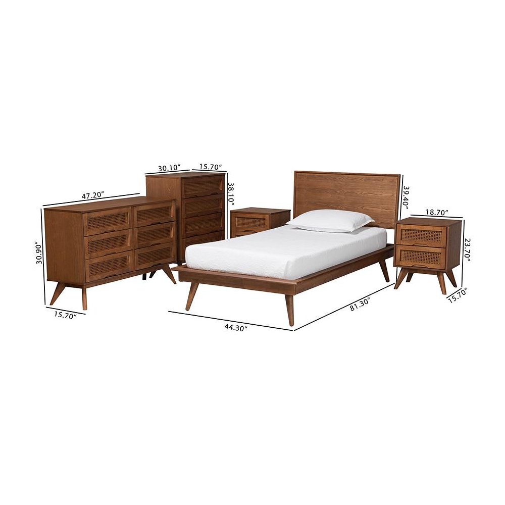 Walnut Brown Finished Wood and Rattan Twin Size 5-Piece Bedroom Set. Picture 14