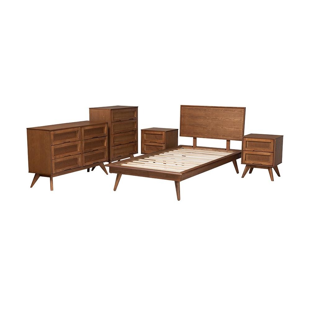 Walnut Brown Finished Wood and Rattan Twin Size 5-Piece Bedroom Set. Picture 2