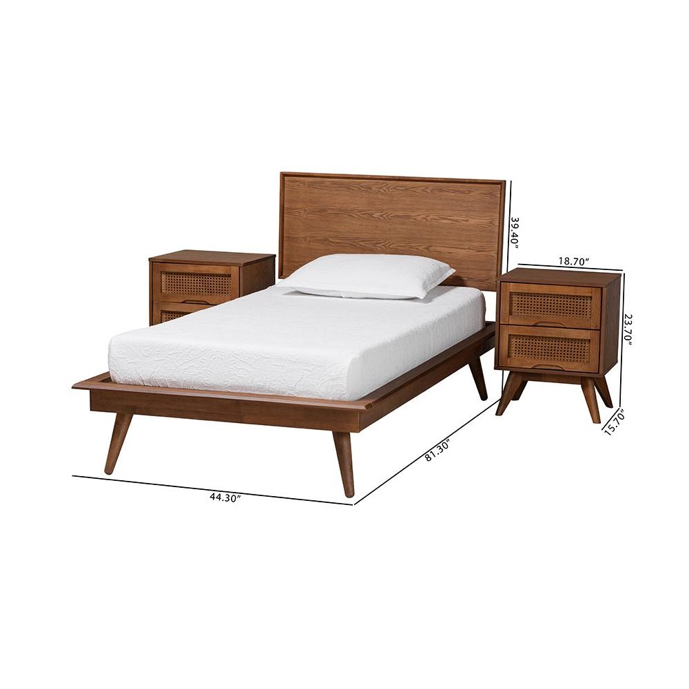 Walnut Brown Finished Wood and Rattan Twin Size 3-Piece Bedroom Set. Picture 12
