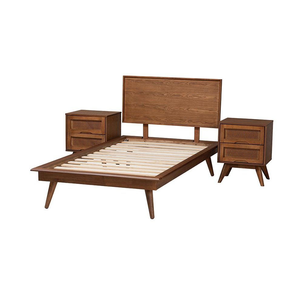 Walnut Brown Finished Wood and Rattan Twin Size 3-Piece Bedroom Set. Picture 2