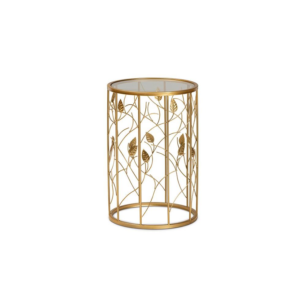 Glam Brushed Gold Finished Metal and Glass Leaf Accent End Table. Picture 1
