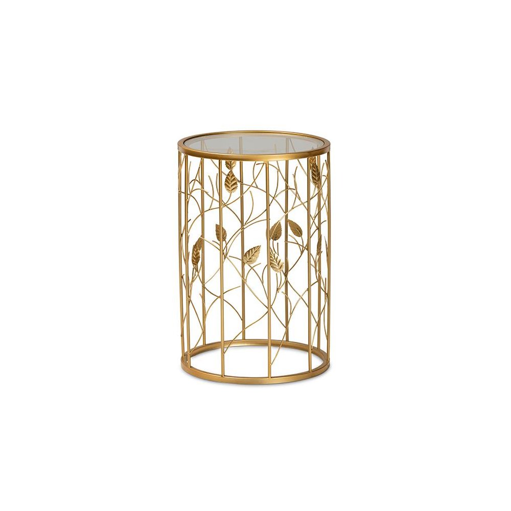 Glam Brushed Gold Finished Metal and Glass Leaf Accent End Table. Picture 2