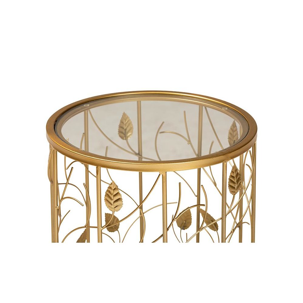 Glam Brushed Gold Finished Metal and Glass Leaf Accent End Table. Picture 4