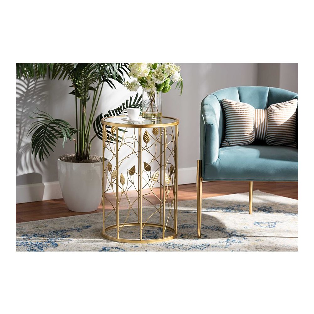 Glam Brushed Gold Finished Metal and Glass Leaf Accent End Table. Picture 5