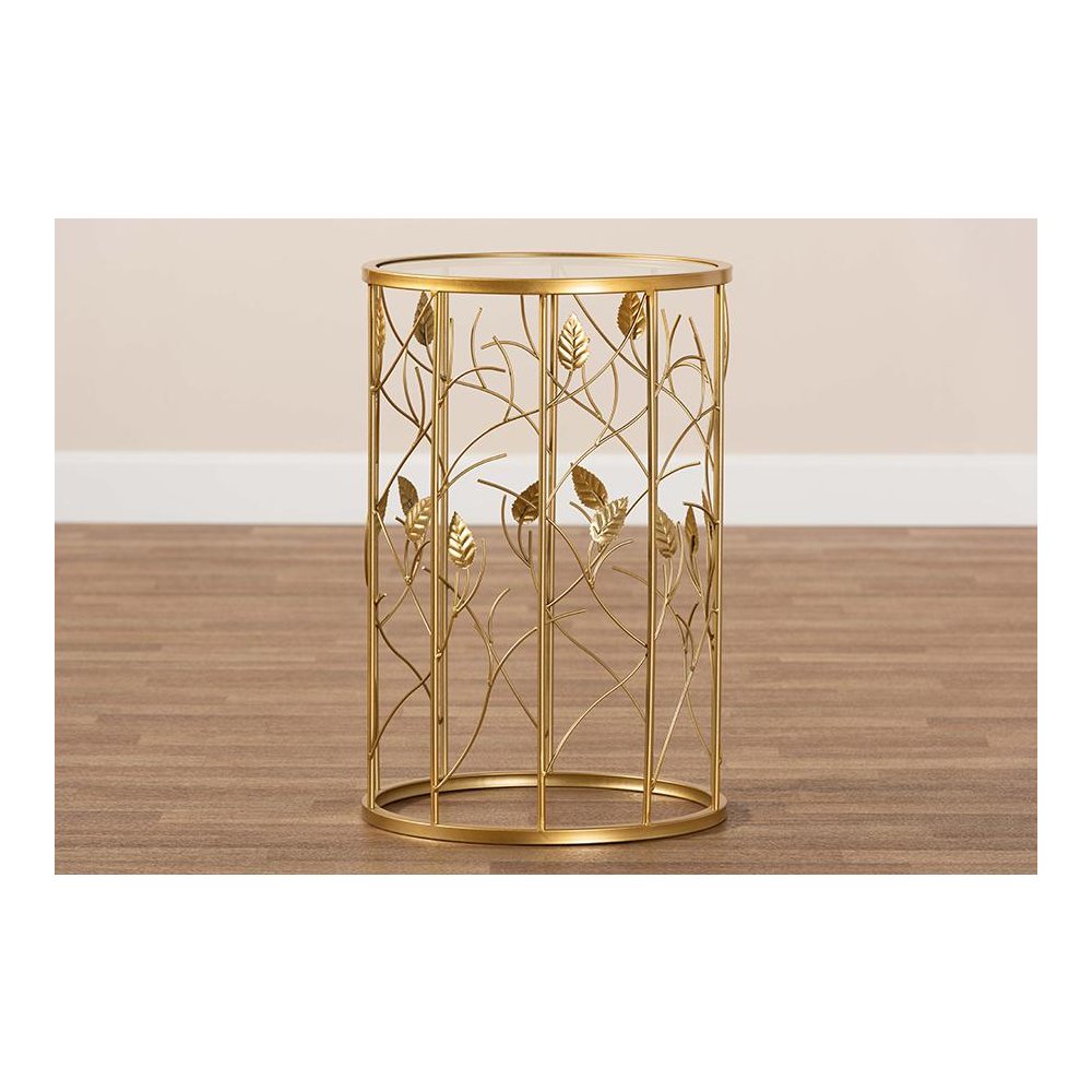 Glam Brushed Gold Finished Metal and Glass Leaf Accent End Table. Picture 6