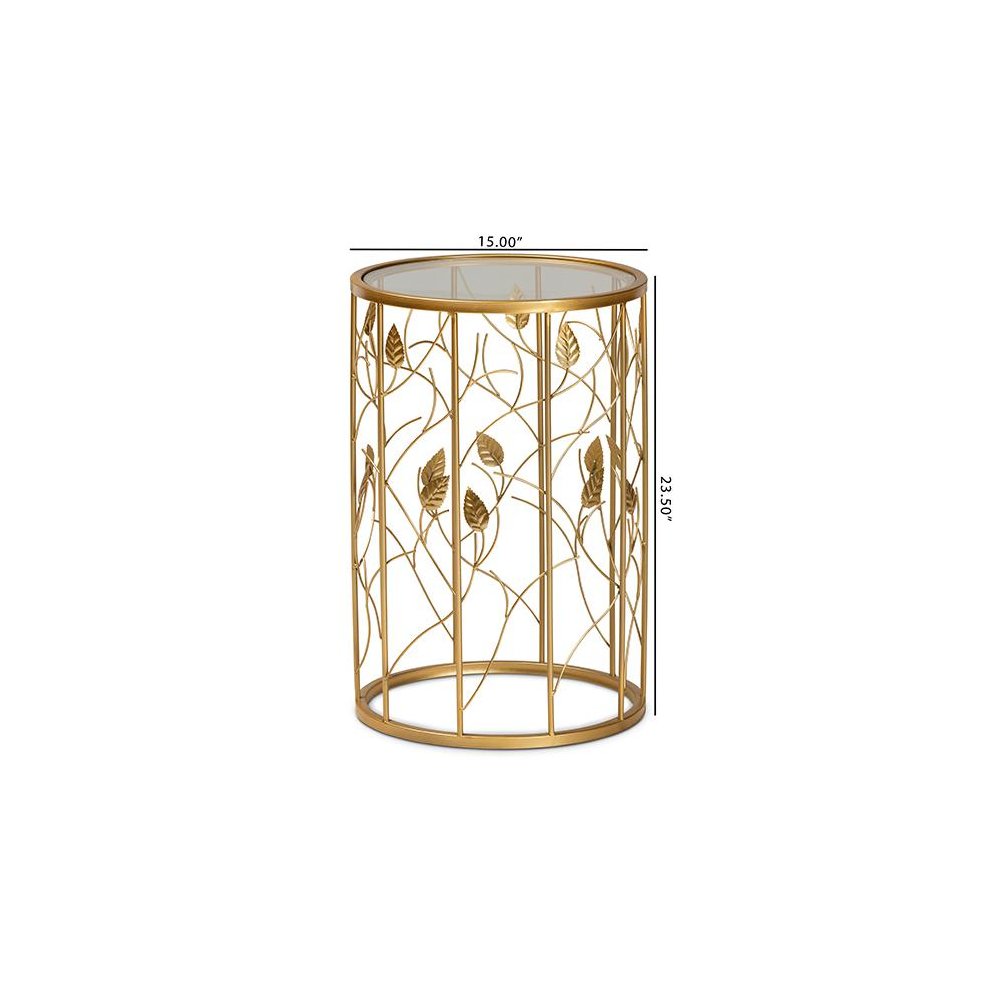 Glam Brushed Gold Finished Metal and Glass Leaf Accent End Table. Picture 7