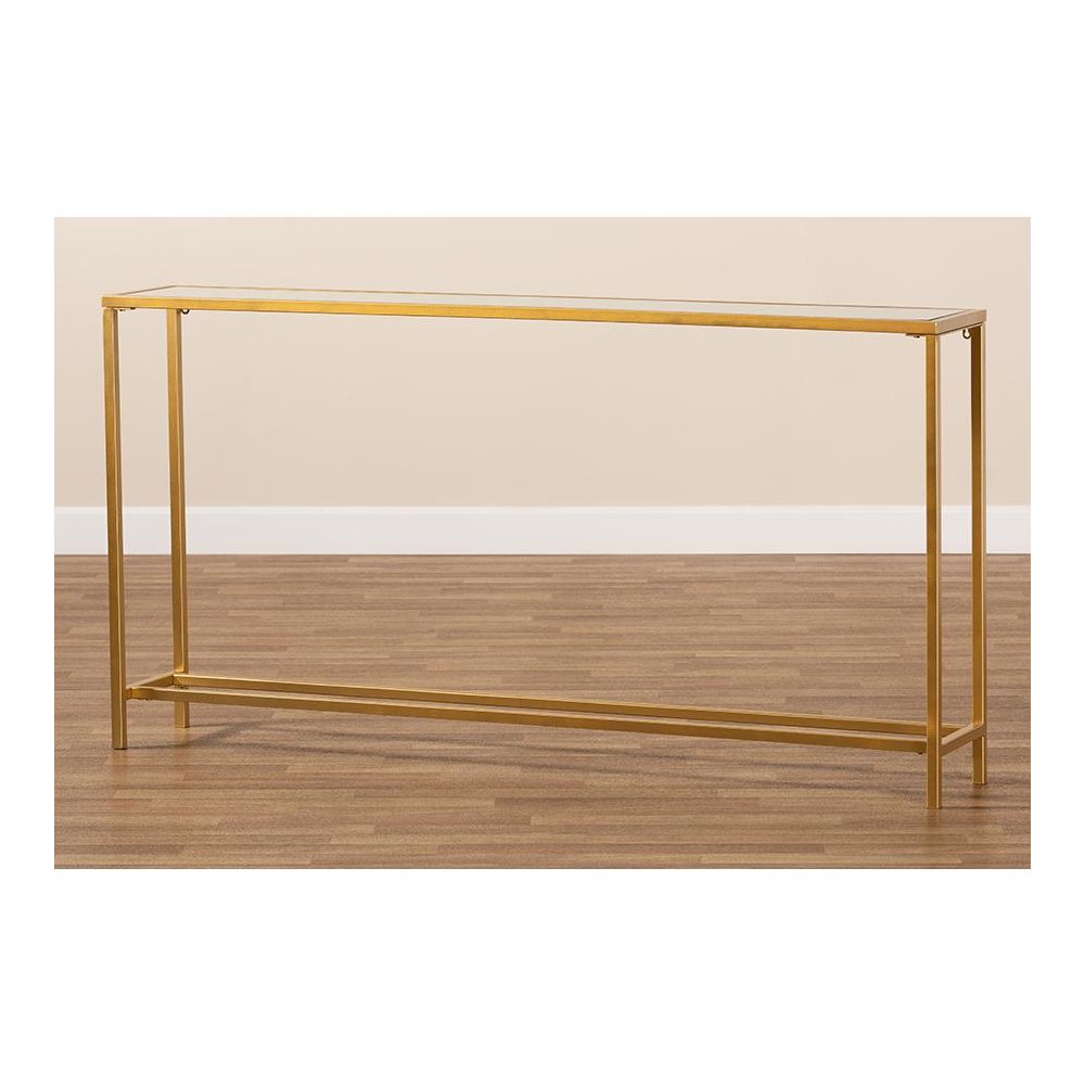Glam Gold Finished Metal and Mirrored Glass Console Table. Picture 7