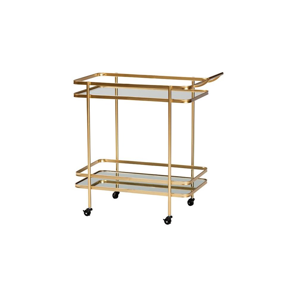 Glam Brushed Gold Finished Metal and Mirrored Glass 2-Tier Mobile Wine Bar Cart. Picture 1