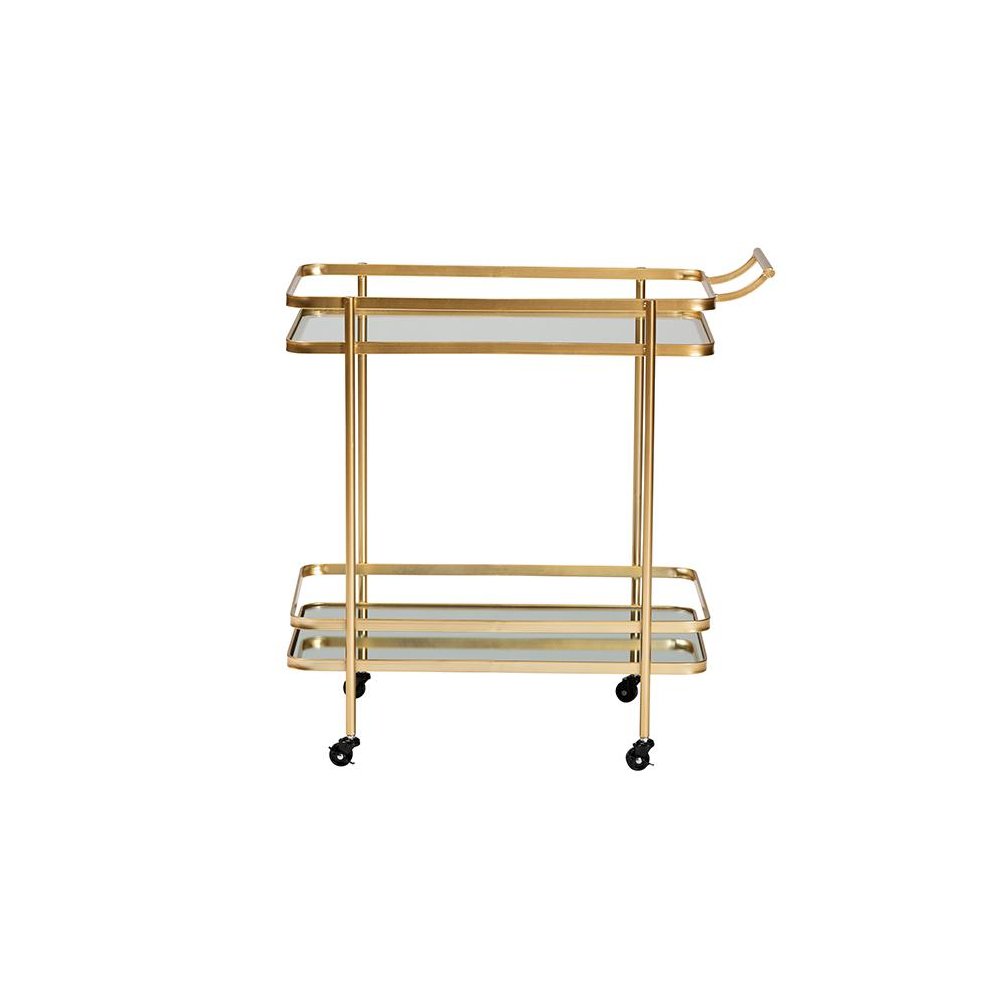 Glam Brushed Gold Finished Metal and Mirrored Glass 2-Tier Mobile Wine Bar Cart. Picture 2
