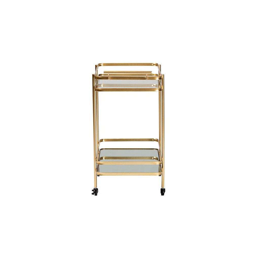 Glam Brushed Gold Finished Metal and Mirrored Glass 2-Tier Mobile Wine Bar Cart. Picture 3