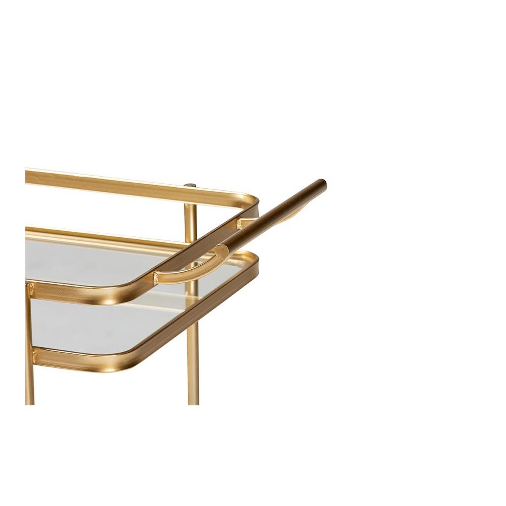 Glam Brushed Gold Finished Metal and Mirrored Glass 2-Tier Mobile Wine Bar Cart. Picture 4