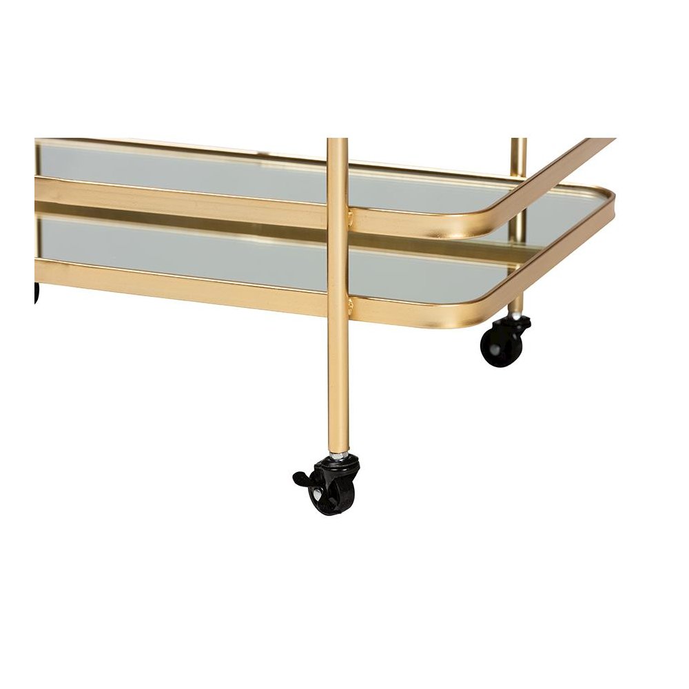 Glam Brushed Gold Finished Metal and Mirrored Glass 2-Tier Mobile Wine Bar Cart. Picture 5