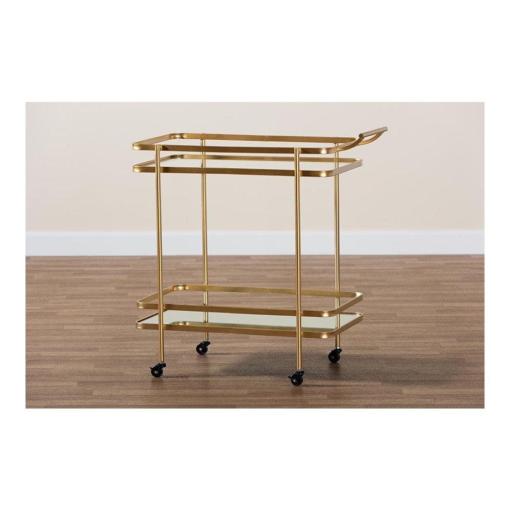 Glam Brushed Gold Finished Metal and Mirrored Glass 2-Tier Mobile Wine Bar Cart. Picture 7