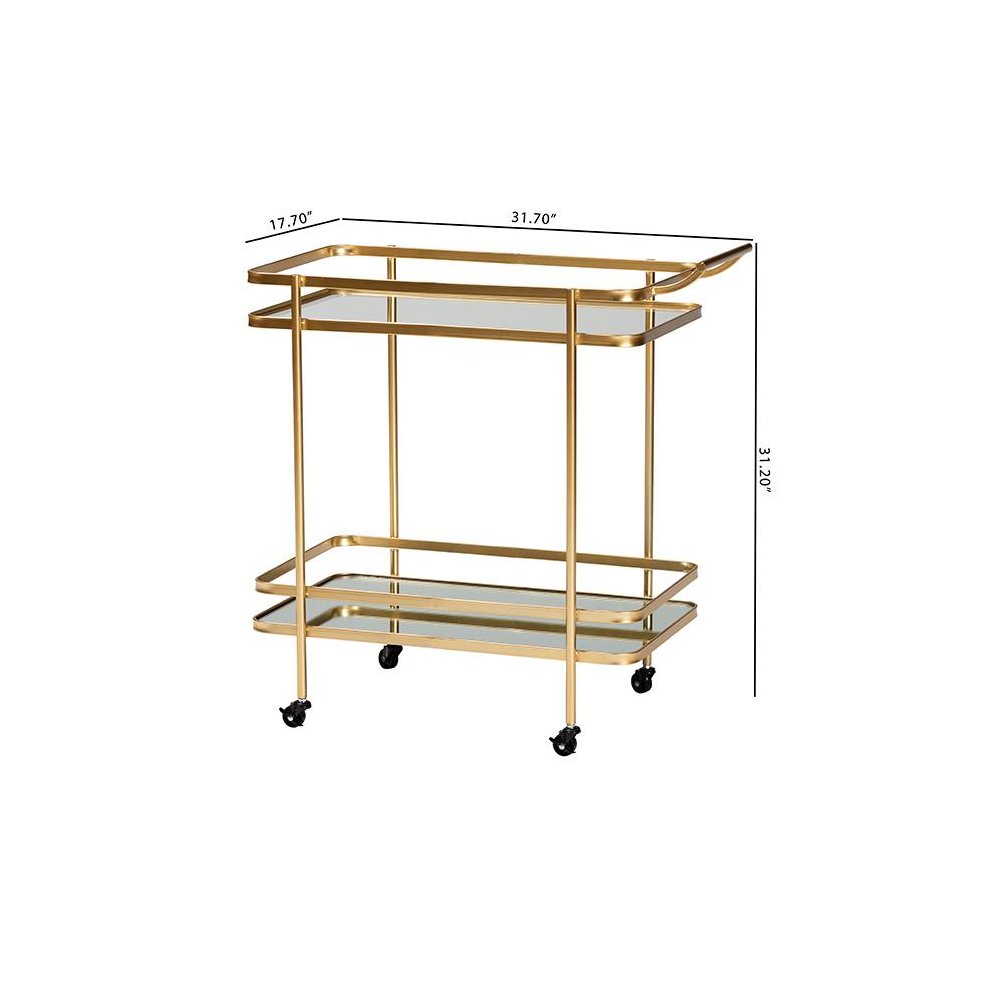 Glam Brushed Gold Finished Metal and Mirrored Glass 2-Tier Mobile Wine Bar Cart. Picture 8
