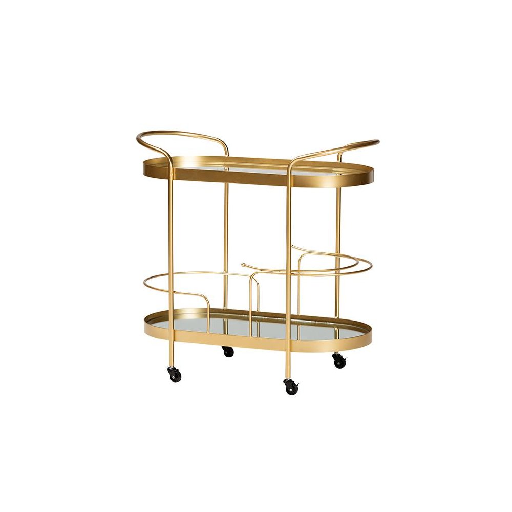 Glam Brushed Gold Finished Metal and Mirrored Glass 2-Tier Mobile Wine Bar Cart. Picture 1