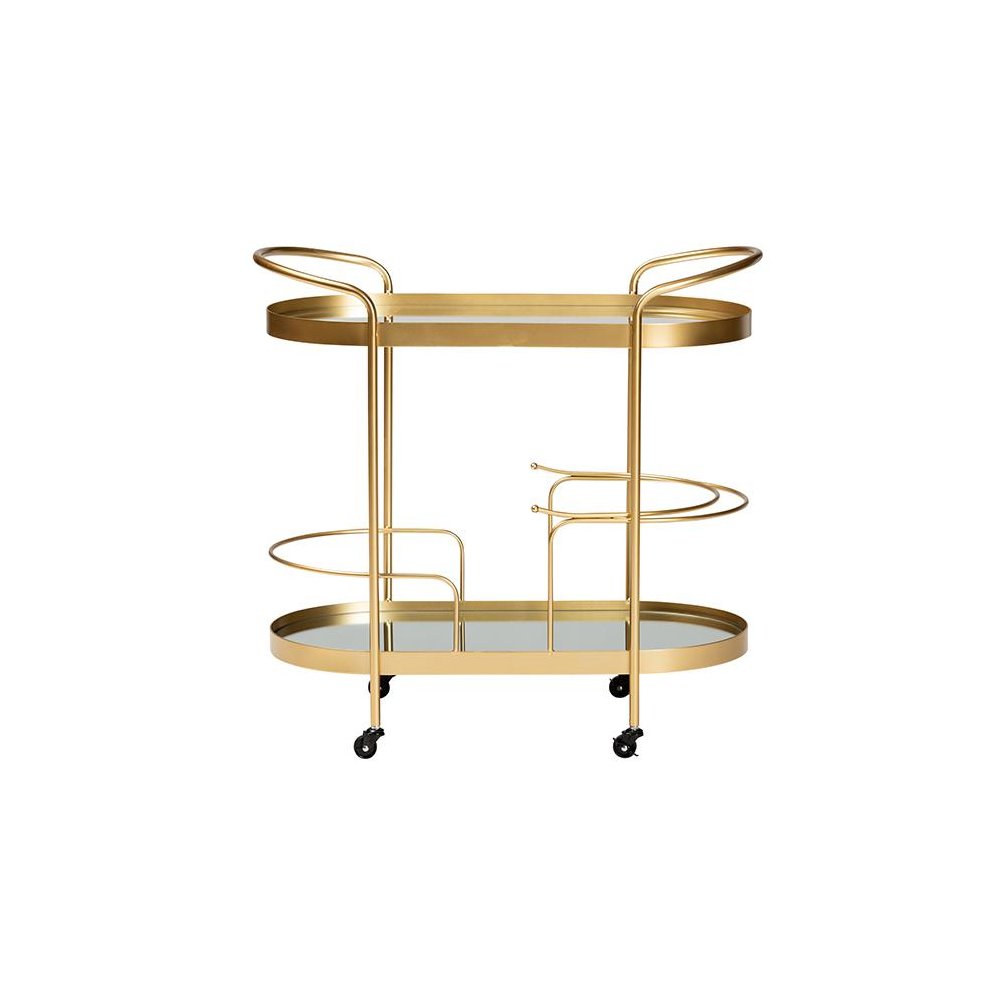 Glam Brushed Gold Finished Metal and Mirrored Glass 2-Tier Mobile Wine Bar Cart. Picture 2