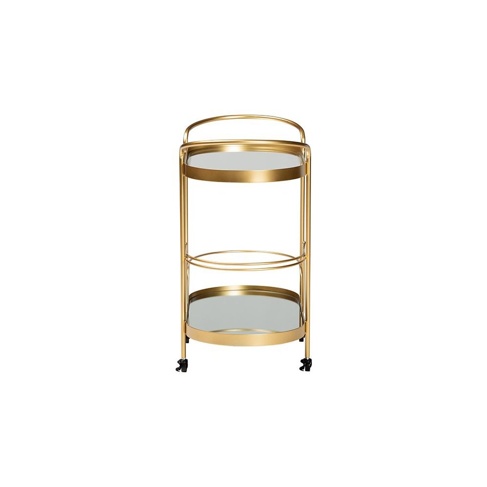 Glam Brushed Gold Finished Metal and Mirrored Glass 2-Tier Mobile Wine Bar Cart. Picture 3