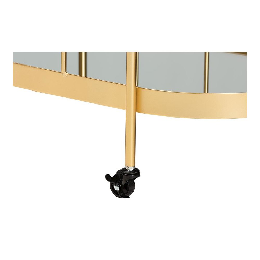 Glam Brushed Gold Finished Metal and Mirrored Glass 2-Tier Mobile Wine Bar Cart. Picture 5