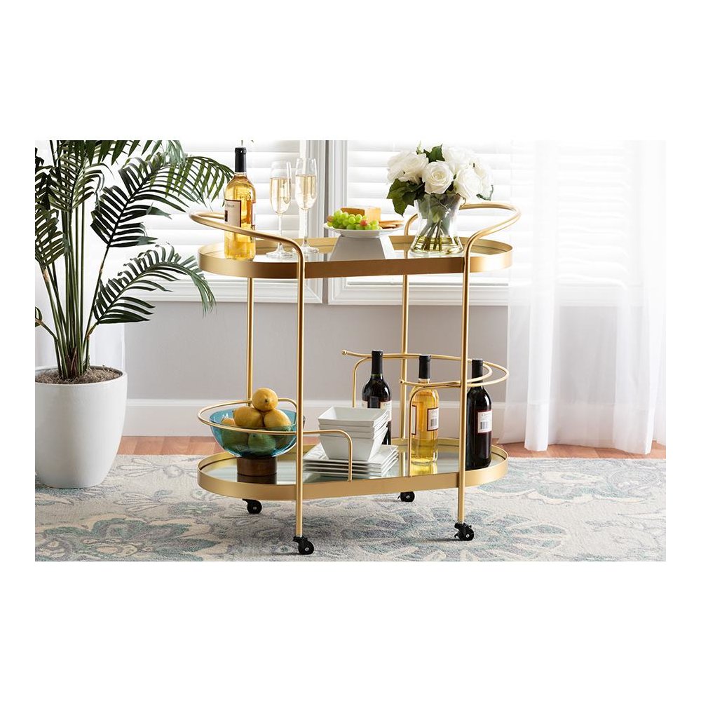 Glam Brushed Gold Finished Metal and Mirrored Glass 2-Tier Mobile Wine Bar Cart. Picture 6
