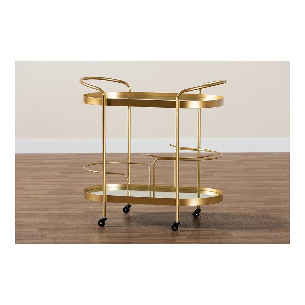 Glam Brushed Gold Finished Metal and Mirrored Glass 2-Tier Mobile Wine Bar Cart. Picture 7