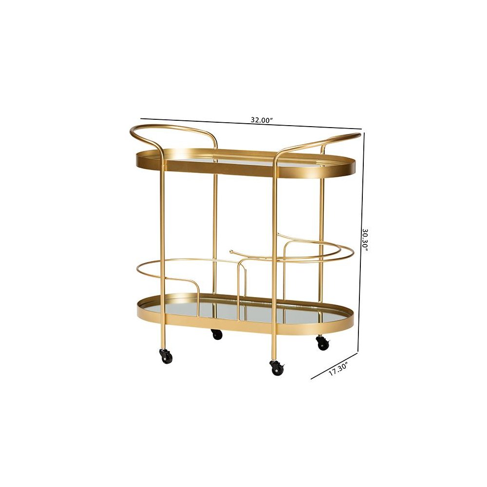 Glam Brushed Gold Finished Metal and Mirrored Glass 2-Tier Mobile Wine Bar Cart. Picture 8