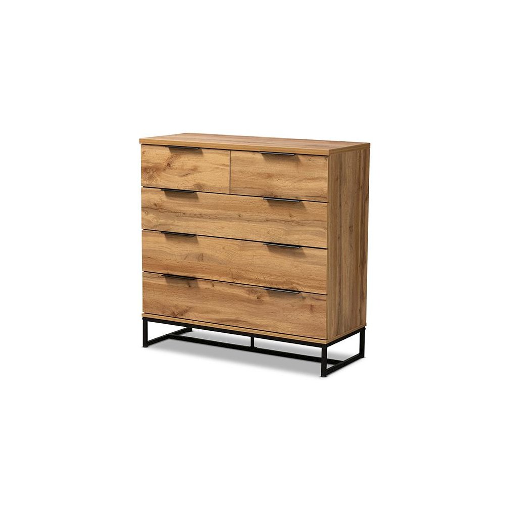 Oak Finished Wood and Black Finished Metal 5-Drawer Bedroom Chest. Picture 1