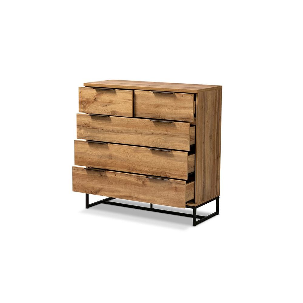 Oak Finished Wood and Black Finished Metal 5-Drawer Bedroom Chest. Picture 2