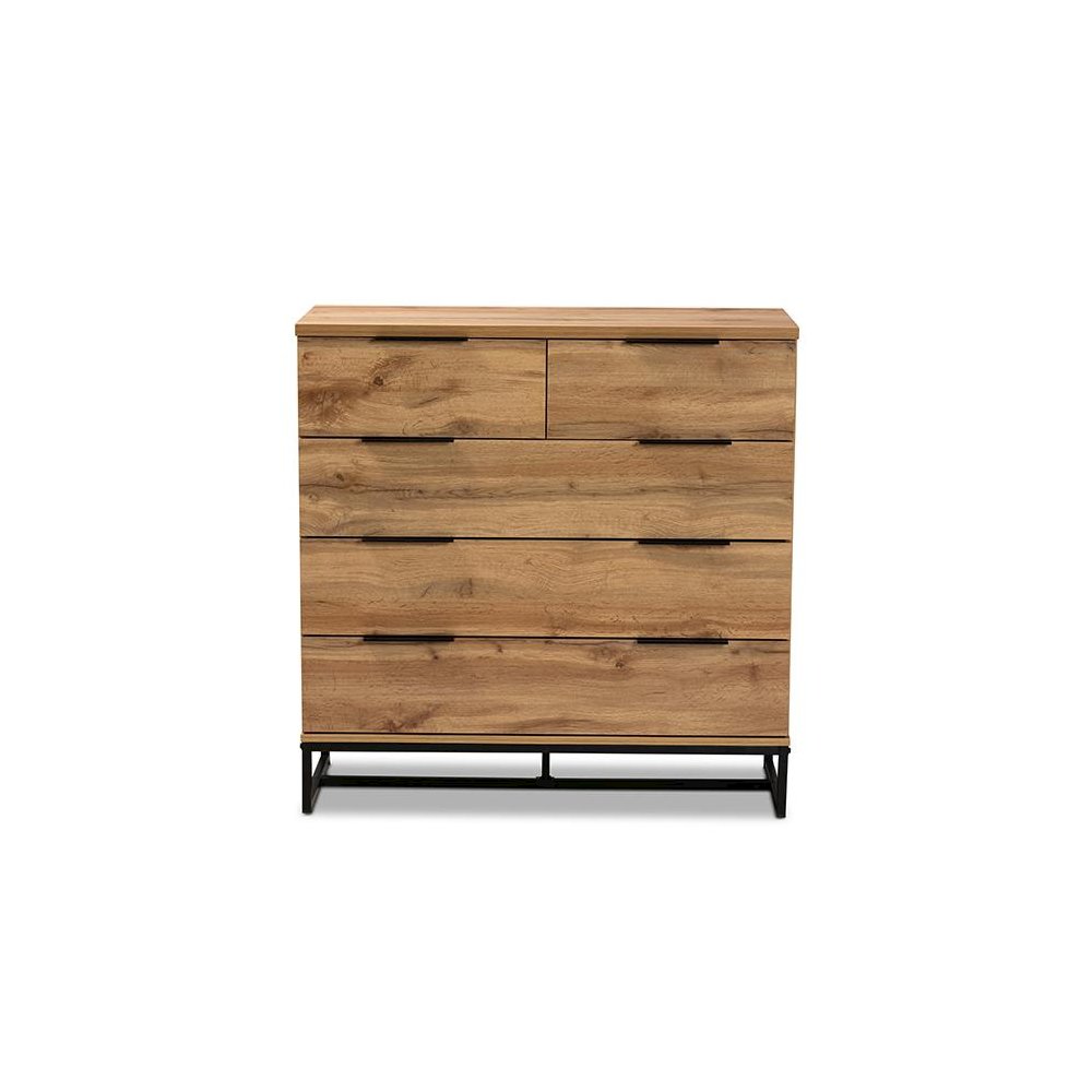 Oak Finished Wood and Black Finished Metal 5-Drawer Bedroom Chest. Picture 3