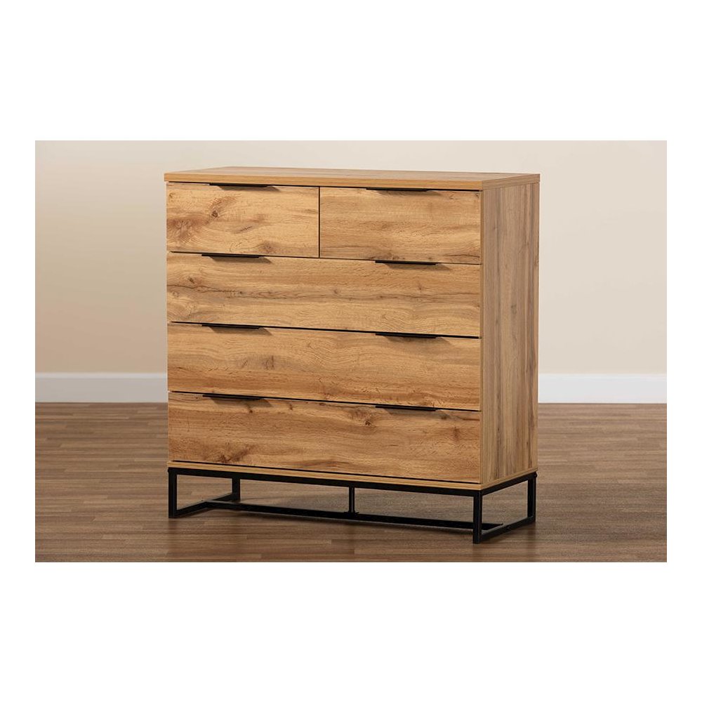 Oak Finished Wood and Black Finished Metal 5-Drawer Bedroom Chest. Picture 8