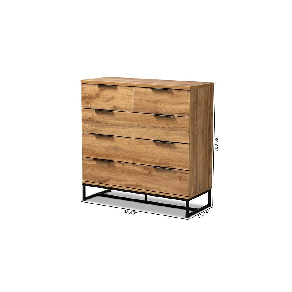 Oak Finished Wood and Black Finished Metal 5-Drawer Bedroom Chest. Picture 9