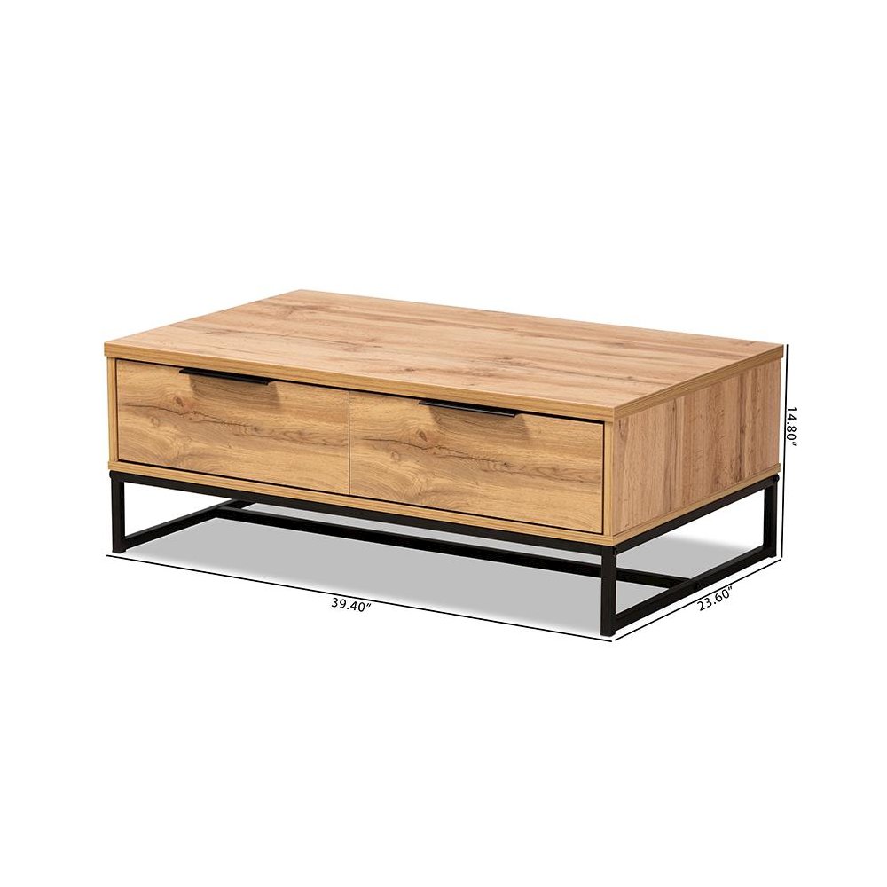 Oak Brown Finished Wood and Black Finished Metal 2-Drawer Coffee Table. Picture 10