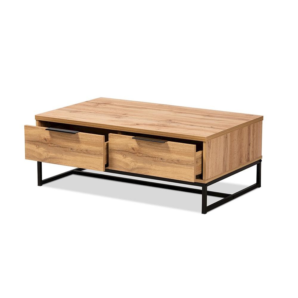 Oak Brown Finished Wood and Black Finished Metal 2-Drawer Coffee Table. Picture 2