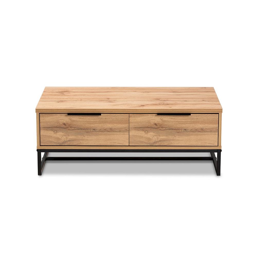 Oak Brown Finished Wood and Black Finished Metal 2-Drawer Coffee Table. Picture 3