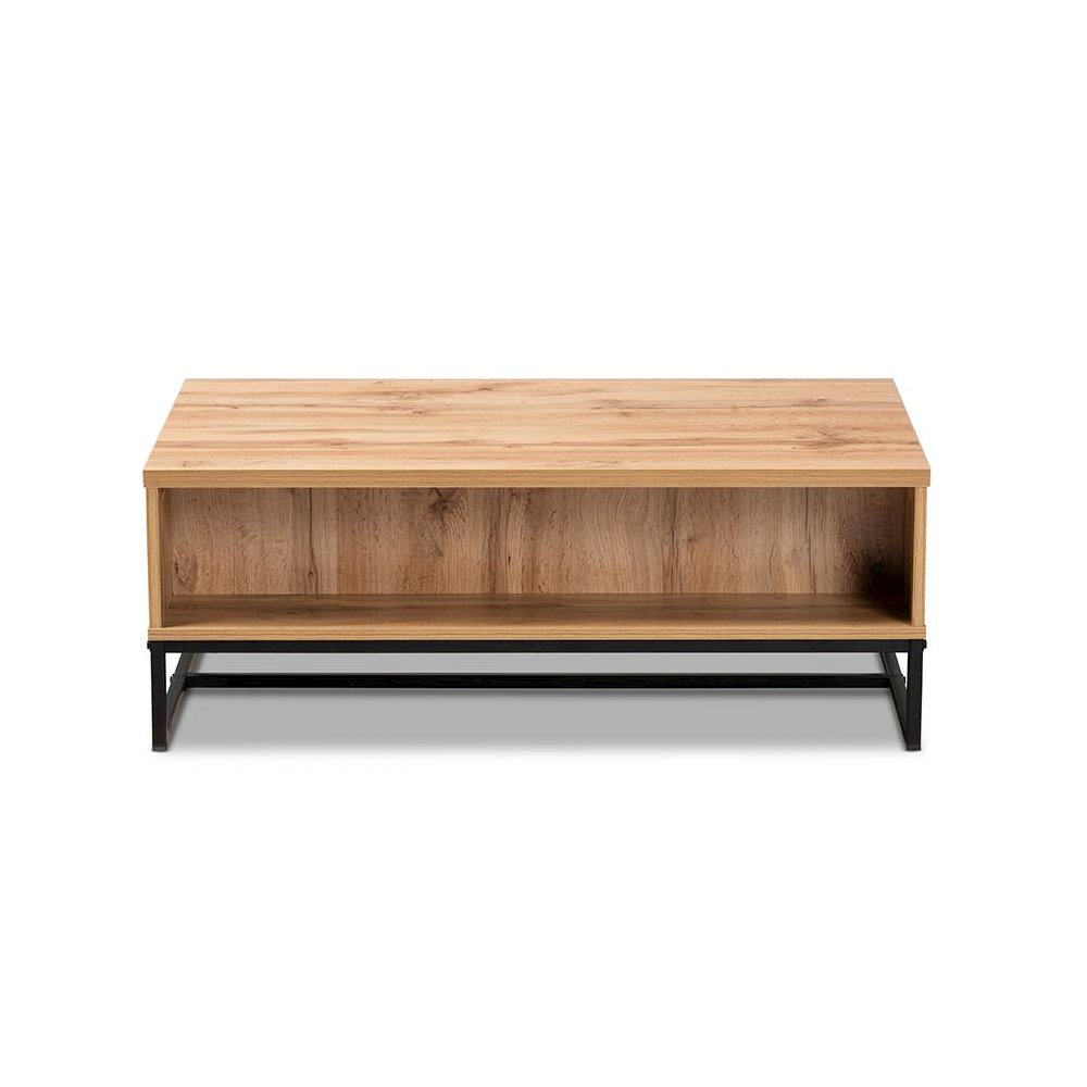 Oak Brown Finished Wood and Black Finished Metal 2-Drawer Coffee Table. Picture 5