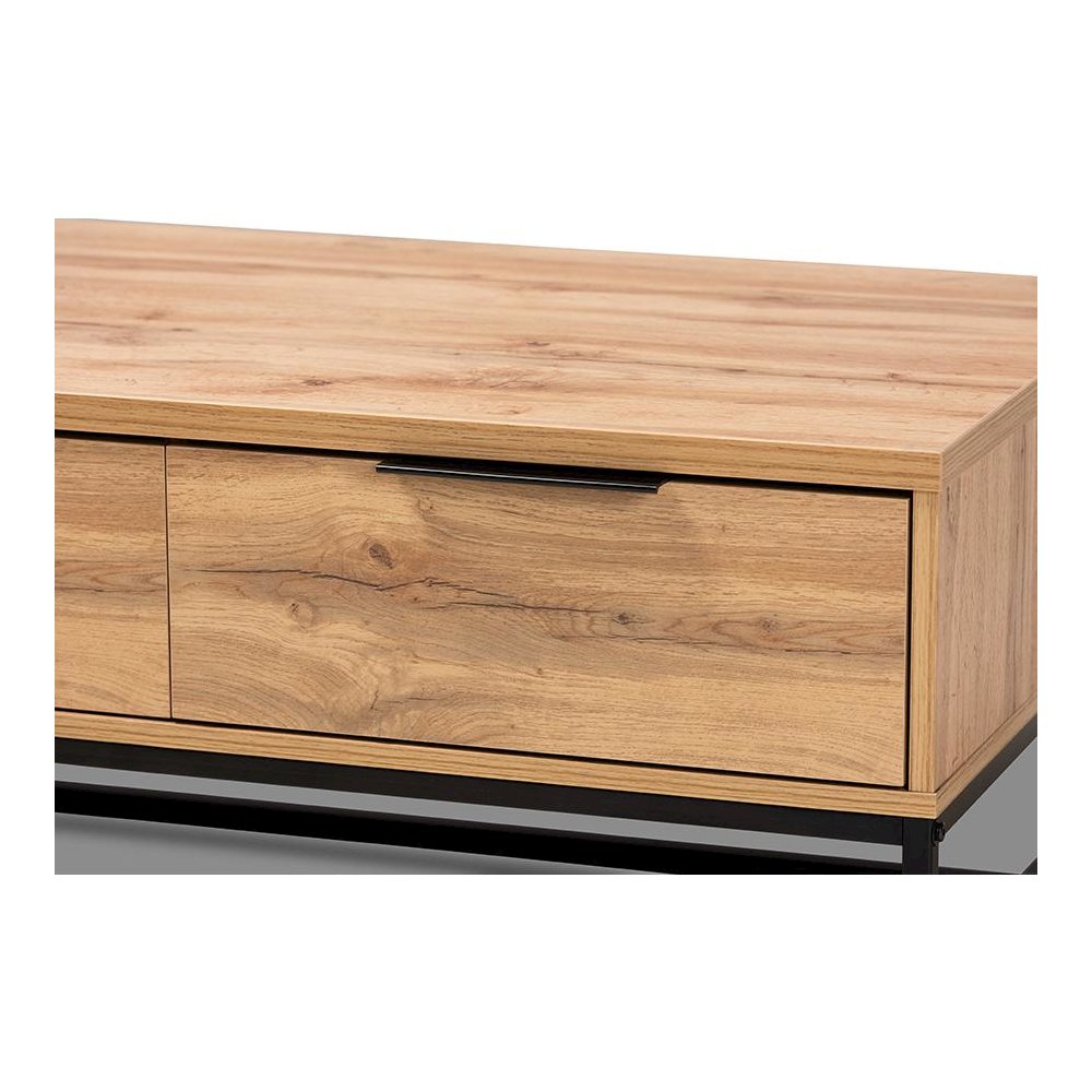 Oak Brown Finished Wood and Black Finished Metal 2-Drawer Coffee Table. Picture 6