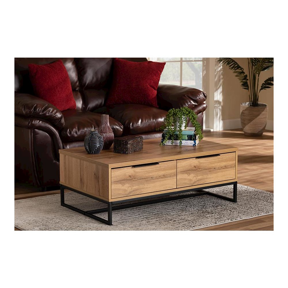 Oak Brown Finished Wood and Black Finished Metal 2-Drawer Coffee Table. Picture 8