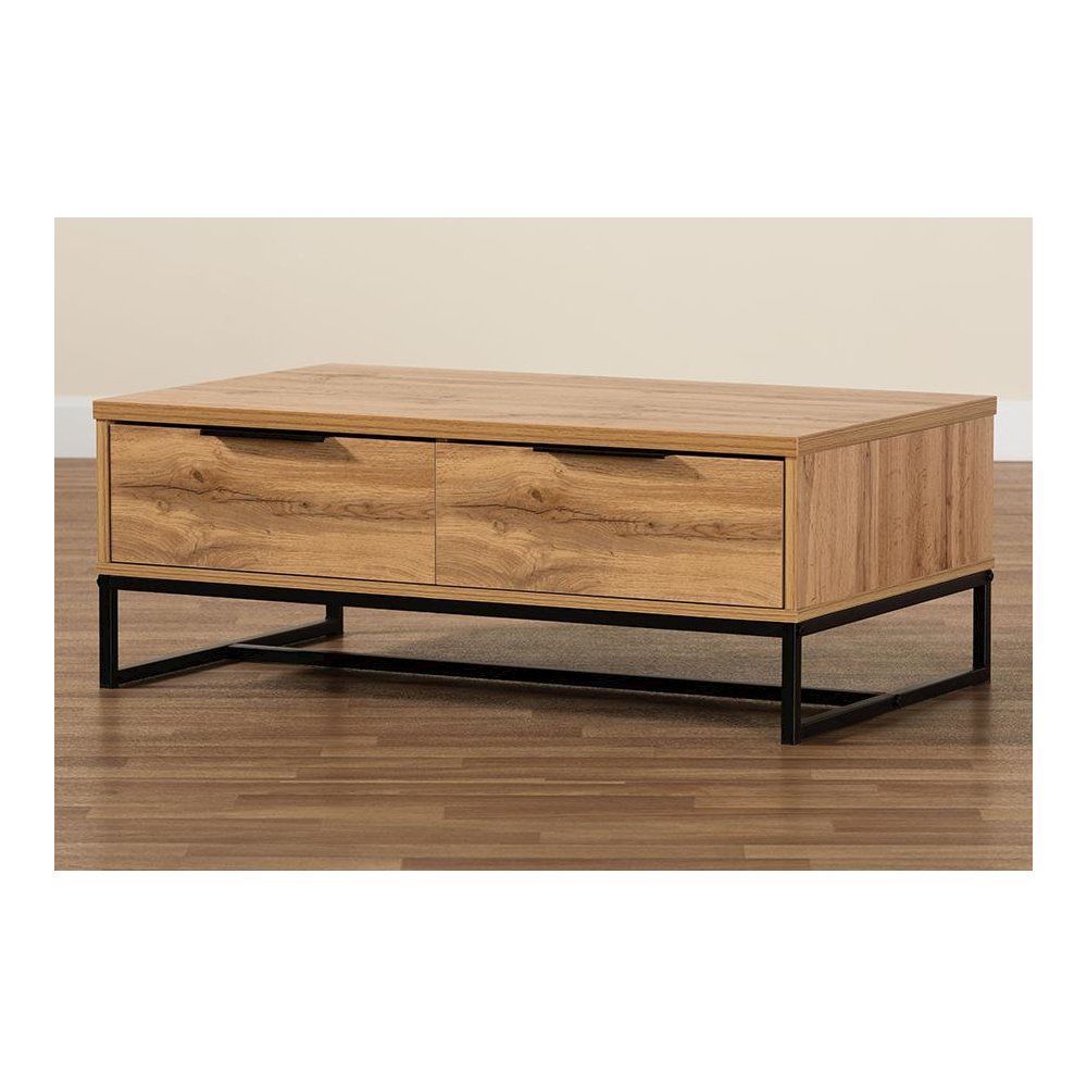 Oak Brown Finished Wood and Black Finished Metal 2-Drawer Coffee Table. Picture 9