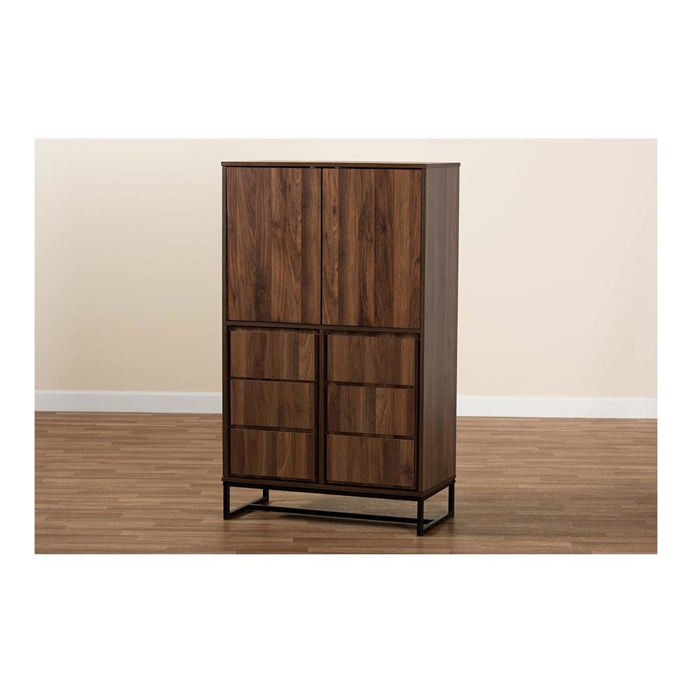 Walnut Brown Finished Wood and Black Finished Metal Multipurpose Storage Cabinet. Picture 8