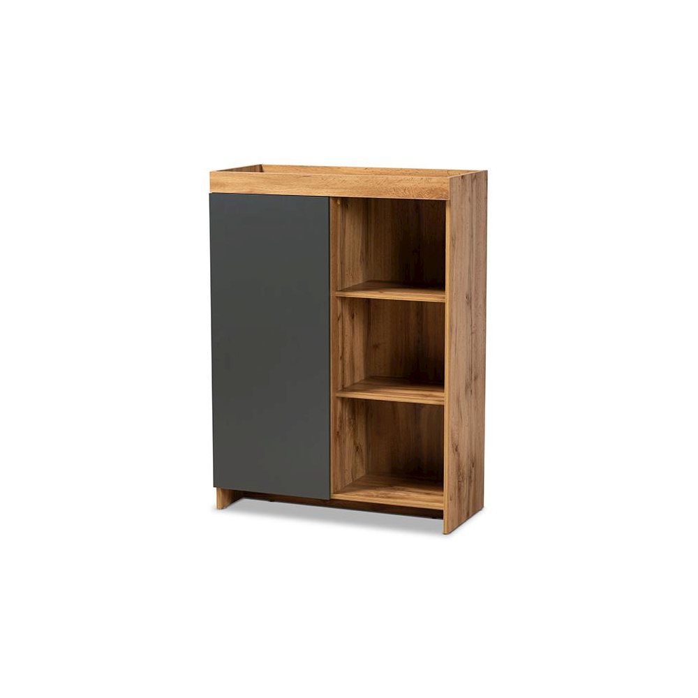 Two-Tone Grey and Oak Brown Finished Wood Shoe Cabinet. Picture 1