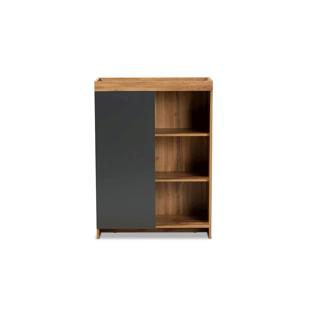 Two-Tone Grey and Oak Brown Finished Wood Shoe Cabinet. Picture 3