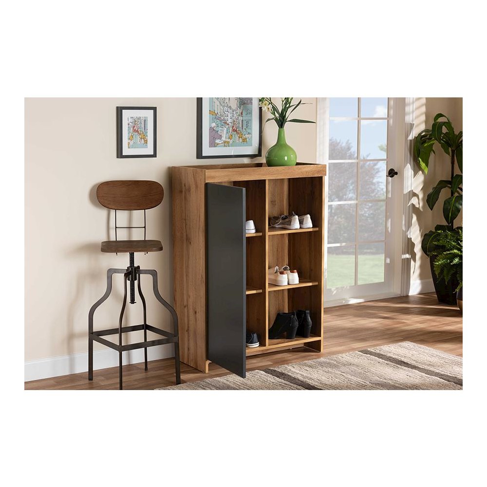 Two-Tone Grey and Oak Brown Finished Wood Shoe Cabinet. Picture 7